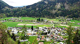 Panoramic view of the market town of Treffen am Ossiacher See, towards mountain of Oswaldiberg (1174 m a.s.l.) district of Villach Land, Carinthia, Austria, EU
