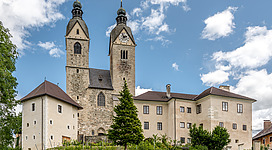 Western view of the Capuchins` manor house, pilgrimage church and rectory, market town Maria Saal, district Klagenfurt Land, Carinthia, Austria, EU