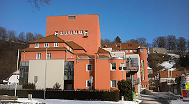 Kulturhaus / Stadtsaal in Bruck an der Mur, Austria. View from city park (to the west of Stadtsaal).