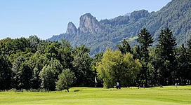 Eine grüne Golfplatzlandschaft mit Bäumen und Bergen im Hintergrund. Der Himmel ist klar und blau.