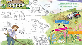 Bunte Vorderseite des Flyers zum Themenweg, Zeichnungen Tiere und Bauernhof.