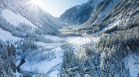 Eine Winterlandschaft mit schneebedeckten Bergen und grünen Nadelbäumen. Die Sonne strahlt über das Tal und reflektiert im Wasser des Flusses.