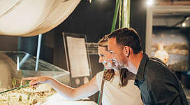 Museum 1212 Enns in Enns: Ein junges, freundliches Paar steht an einer Kasse und scheint ein Produkt auszuwählen. Die Frau deutet mit ihrer Hand auf etwas auf der Anzeige, während der Mann neben ihr lächelt. Hinter ihnen ist eine Sitzecke mit gemütlicher Beleuchtung und dekorativen Elementen zu sehen.